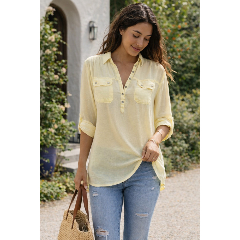 Atmosphere UK14 Sheer Blouse Roll Tab Sleeve Button Pocket Yellow Tunic Top